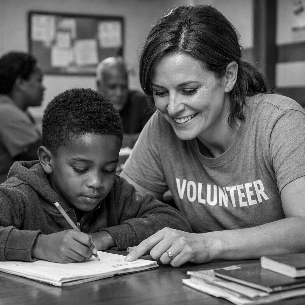 Volunteer helping a child